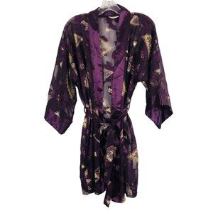 Vtg 80s California Dynasty Kimono Robe Medium Sheer Lace Purple Gold Sash